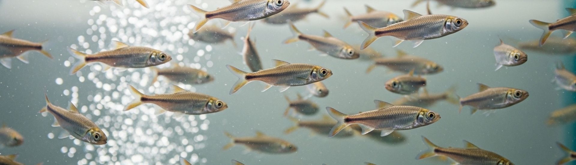 Grupo de peces mojarra plateadas nadando entre burbujas en un acuario