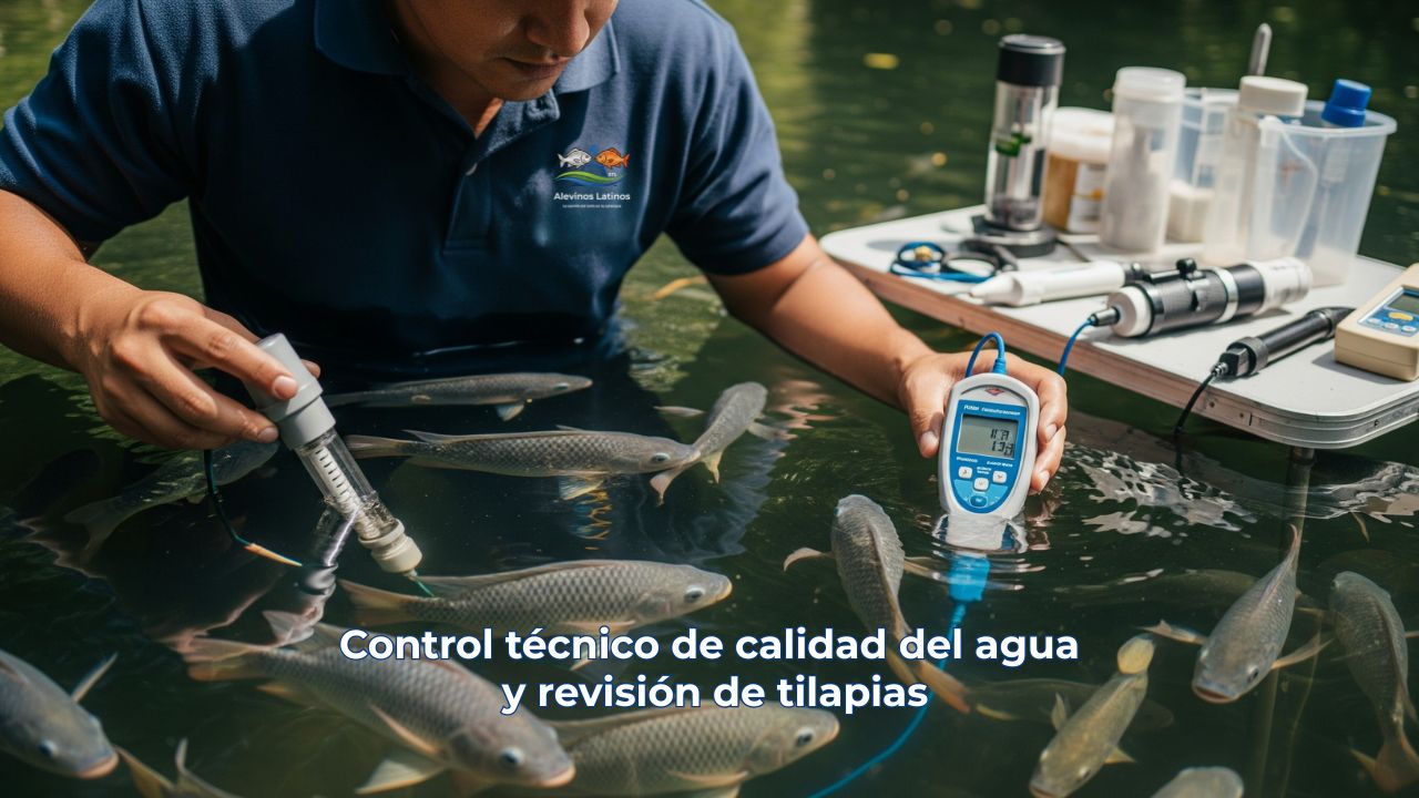 Control técnico de calidad del agua y revisión de tilapias en cultivo piscícola colombiano.