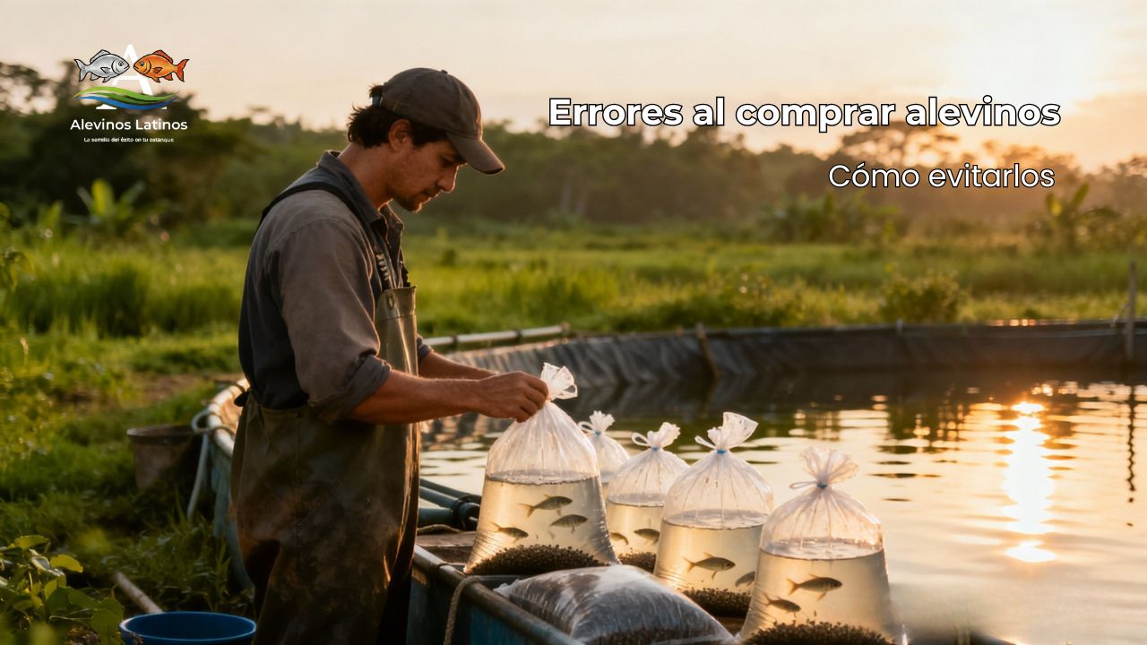 Errores al comprar alevinos — piscicultor revisando bolsas con peces jóvenes