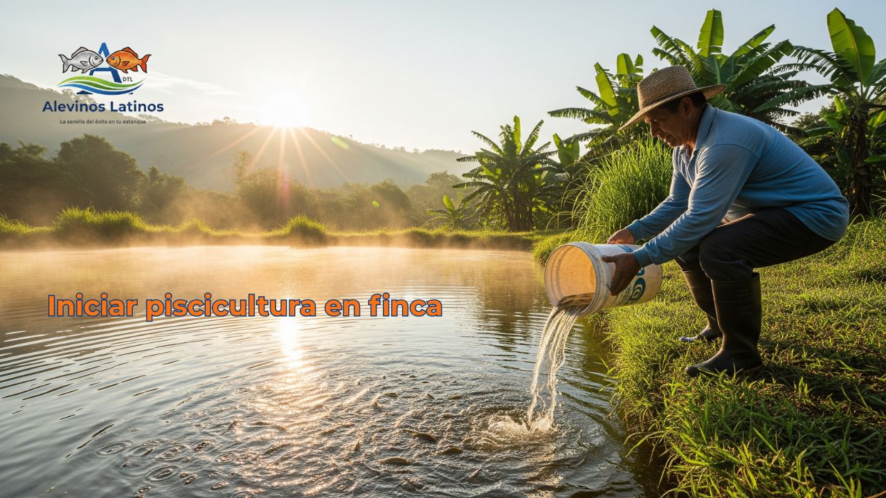 Iniciar piscicultura Iniciar cultivo de peces en finca acuícola de Santander con piscicultor sembrando alevinos.