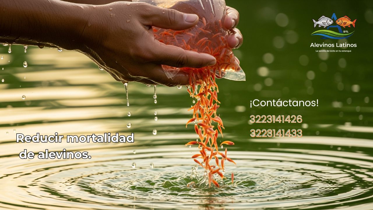 Reducir mortalidad Reducir mortalidad de alevinos. Piscicultor realizando liberación suave de alevinos de mojarra roja en estanque de tierra en Santander.